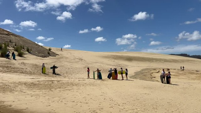 Tourists sand boarding down large sand dunes in Northland New Zealand. Giant Sand Dunes, are a collection of sand dunes located on the Northland Peninsula of New Zealand. 