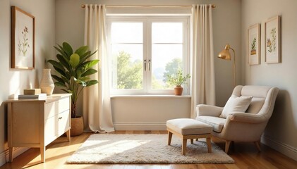 Serene maternity bedroom, featuring soft lighting, calming colors, and a cozy nursing chair Perfect for relaxation and bonding Ready for the arrival of your little one , chair, pregnancy, expectant