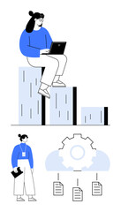 Fototapeta na wymiar Woman sitting on a chart analyzing data with a laptop and walking professional below, cloud gear connecting documents. Ideal for technology, data, progress, work, analysis, growth innovation. Flat