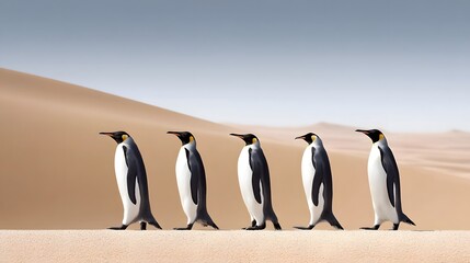 Obraz premium Penguins marching through a surreal desert landscape