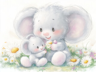 Cute smiling animals sitting on grass, two adorable elephants surrounded by flowers, expressing joy and love in vibrant, colorful setting