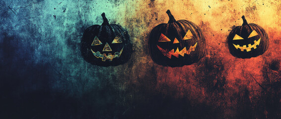 Three spooky Halloween pumpkins with carved faces on textured background, creating festive and eerie atmosphere. colors transition from blue to orange, enhancing Halloween spirit