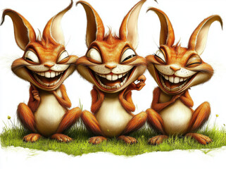 Cute smiling animals sitting on grass, featuring three cheerful cartoon rabbits with vibrant orange fur and playful expressions. Their joyful demeanor brings sense of happiness and fun