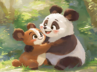 Cute smiling animals sitting on grass, panda and small bear, share warm embrace in vibrant forest setting, radiating joy and friendship