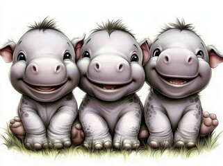 Cute smiling animals sitting on grass, three adorable cartoon hippos with big eyes and cheerful expressions, creating joyful and playful atmosphere