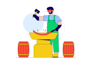 Blacksmith making sword with safety equipment. Craft illustration. Character design. Flat vector illustration.