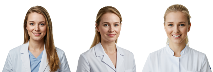 Set of three portraits of a young blonde Caucasian female doctor or nurse in different medical uniforms, smiling professionally. Healthcare professional headshots on transparent background.