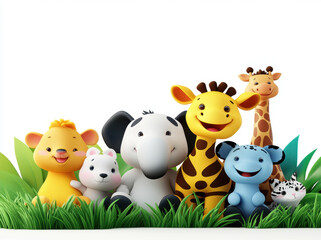Cute smiling animals sitting on grass, including lion, elephant, giraffe, and more, create joyful scene that brings happiness and warmth to viewers