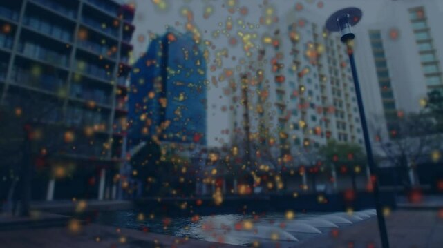 Flecks rising from fountain, glowing particles drifting upward then cascading downward filling view