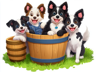 Cute smiling animals sitting in wooden barrel on green grass, showcasing playful expressions and vibrant fur colors. These adorable puppies bring joy and warmth to any setting