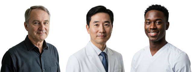 Diverse group of three men, including a senior Caucasian, a middle-aged Asian doctor, and a young Black professional, smiling confidently. Portraits on transparent background.