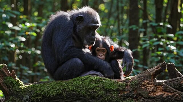 A heartwarming video scene of a chimpanzee and baby sitting on a mossy log in a forest, captured from a low angle with soft, natural lighting.