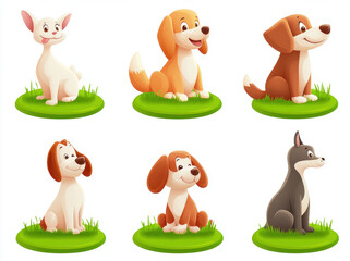 Cute cartoon dogs sitting on green grass, showcasing various breeds and expressions. These adorable animals exude joy and playfulness, perfect for children illustrations or pet related themes