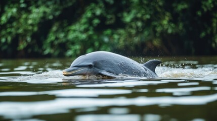 Obraz premium A gray dolphin swims gracefully through the calm water in nature