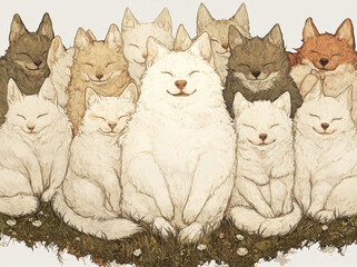 Cute smiling animals sitting on grass, featuring group of fluffy cats in various colors, creating joyful and heartwarming scene. Their expressions radiate happiness and contentment