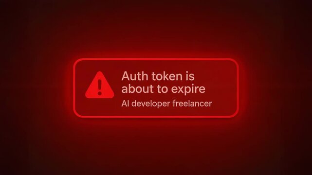 Auth token warning alert with red glowing light for developer security in digital environment as token expire warning for freelancer