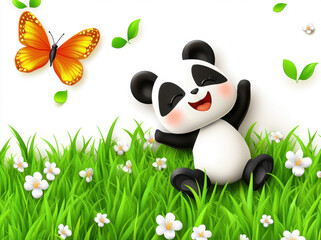 Cute smiling panda sitting on grass with butterfly and flowers, radiating joy and happiness in vibrant, colorful scene. This delightful illustration captures playful moment in nature