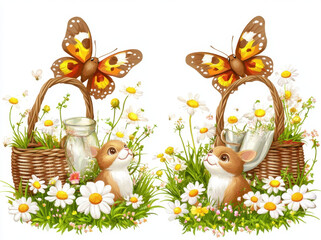 Cute smiling animals sitting in vibrant garden filled with daisies, surrounded by butterflies and baskets. joyful scene evokes sense of spring and happiness