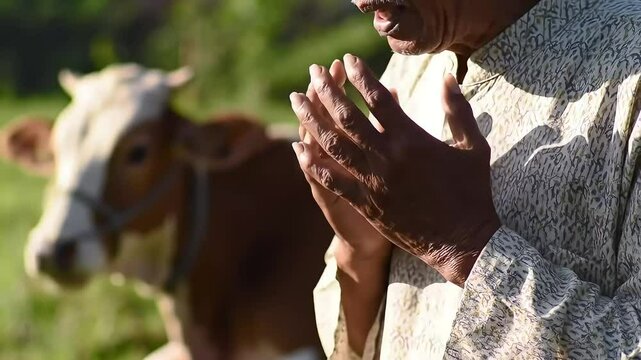 A man in traditional attire prays beside a cow before the Eid al-Adha sacrifice, capturing a moment of faith, devotion, and spiritual reflection.