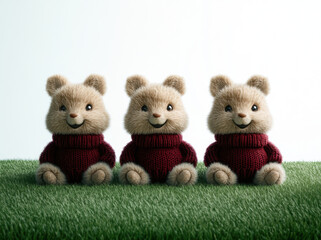 Cute smiling stuffed animals sitting on green grass, wearing cozy red sweaters, creating cheerful and heartwarming scene. These adorable plush toys evoke feelings of joy and comfort