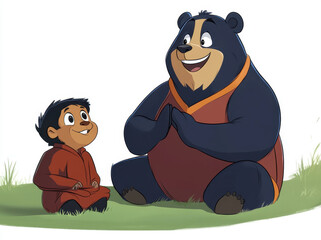 Cute smiling characters sitting on grass, young boy and friendly bear, sharing joyful moment together. Their expressions convey happiness and friendship in vibrant, animated style