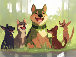 Cute smiling animals sitting on grass in sunny park, featuring group of happy dogs enjoying their time together. Their joyful expressions create warm and cheerful atmosphere