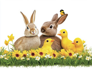 Cute smiling animals including rabbits and chicks sitting in vibrant field of flowers, creating joyful and cheerful atmosphere. This delightful scene captures essence of spring