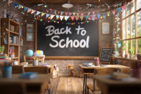 Cozy classroom interior with wooden desks, "Back to School" message written on chalkboard, colorful decorations