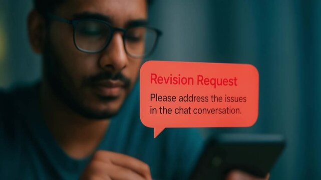 Focused developer freelancer reading revision request on smartphone with glasses and beard working late on digital task