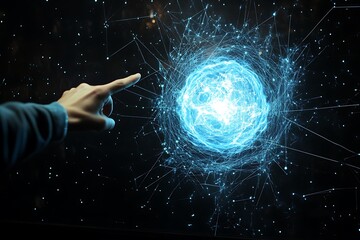 Hand touching a glowing sphere of interconnected data points
