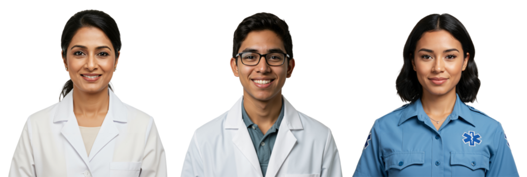 Diverse team of smiling medical professionals, including female and male doctors and a female paramedic, posing for portraits against a transparent background. Healthcare workers in uniform. - Powered by Adobe