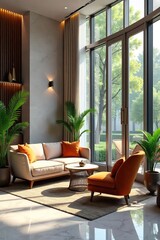 Sleek, modern hotel lobby with comfortable seating, stylish decor, and natural light streaming through large windows Perfect for travel, hospitality, and interior design concepts , home, decor
