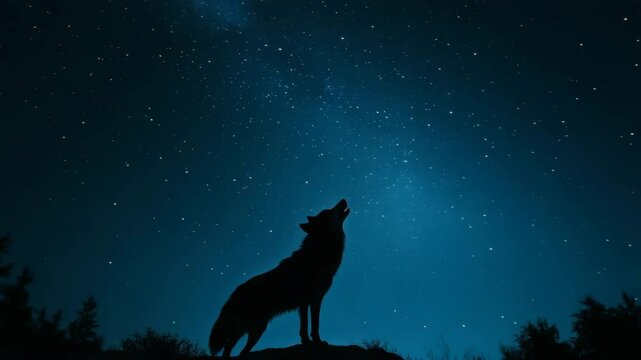 A wolf is standing on a hill and howling at the moon. The sky is dark and the stars are shining brightly. Scene is mysterious and serene