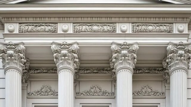 The building has a very tall and elegant appearance. The pillars are white and the building is very ornate