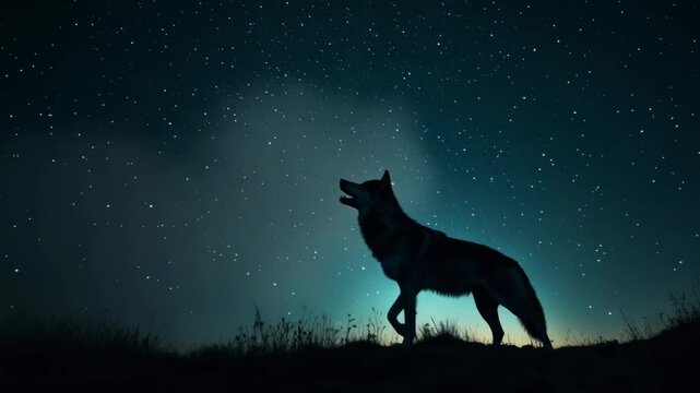 A dog is standing in the grass and looking up at the sky. The sky is filled with stars and the dog's silhouette is against the dark background