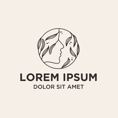 Elegant Lineart Female Face Inside Circle with Leaves Nature Logo Design