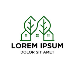 Minimalist Line Art House with Tree Leaf Shape Architecture Logo