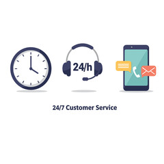 Conceptual depiction of 24/7 customer support with clock, headset, and smartphone
