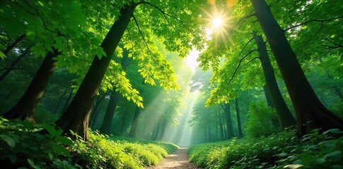Obraz premium Lush green forest canopy, dappled sunlight filtering through leaves, vibrant foliage, tranquil nature scene Perfect for nature, environmental, and travel themes , growth, pattern