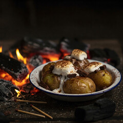 Bowl of roasted potatoes topped with melted marshmallows and chocolate chunks, served by a glowing fire in a rustic setting.
