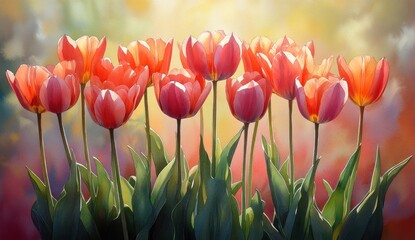 Vibrant cluster of tulips in a soft, painted style.