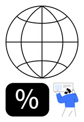 Global sphere connecting lines, percentage block, person reviewing graph. Ideal for finance, business, technology, data analysis, globalization statistics education. Conceptual flat simple metaphor
