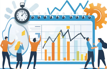 Illustration of business people analyzing data on digital calendar, showcasing teamwork and productivity with graphs and charts. scene conveys sense of urgency and collaboration