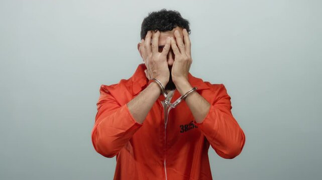 Hispanic man in orange prison jumpsuit with handcuffs covers face against grey background, representing incarceration and emotional distress.