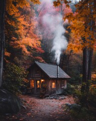 Cozy wooden cabin surrounded by vibrant autumn foliage in a serene forest