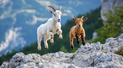 Naklejka premium Two baby goats leaping on a rocky mountaintop.