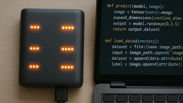 AI developer freelancer programming machine learning code on laptop with external device for data storage and advanced technology processing