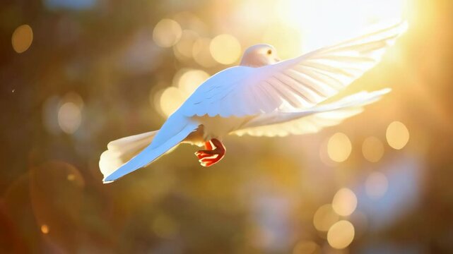 Elegant white dove in graceful flight against a bright bokeh light filled backdrop conveying themes of peace, freedom, and new beginnings.