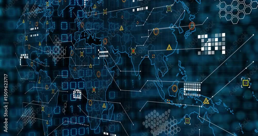 Poster scrolling binary digits initiating map fade nodes popping pulsing showing data flow