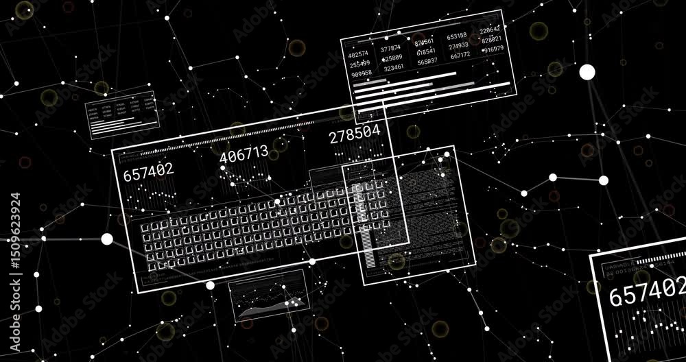 Poster after node network activating panels updating data for tracking while rotating shifting shrinking